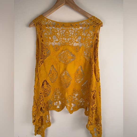 JASTIE Women's Open Knit Crochet Sleeveless Cardigan Dark Yellow Solid Vest MEAS - Picture 2 of 5